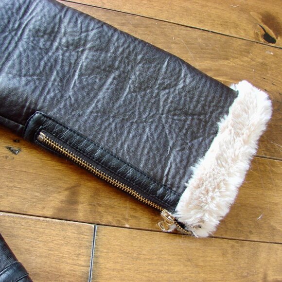 Zara Black Faux Leather Shearling Jacket Aviator Biker Moto Bomber Size Small - Picture 9 of 15